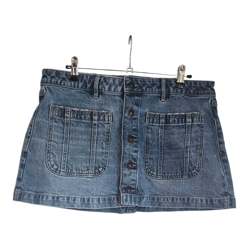 American Eagle Denim Jean Mini Skirt Size 12 Stretch Distressed Pockets